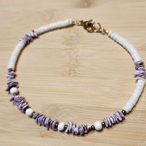 Hand Crafted Purple and White Beaded Ankle Bracelet Anklet Shells